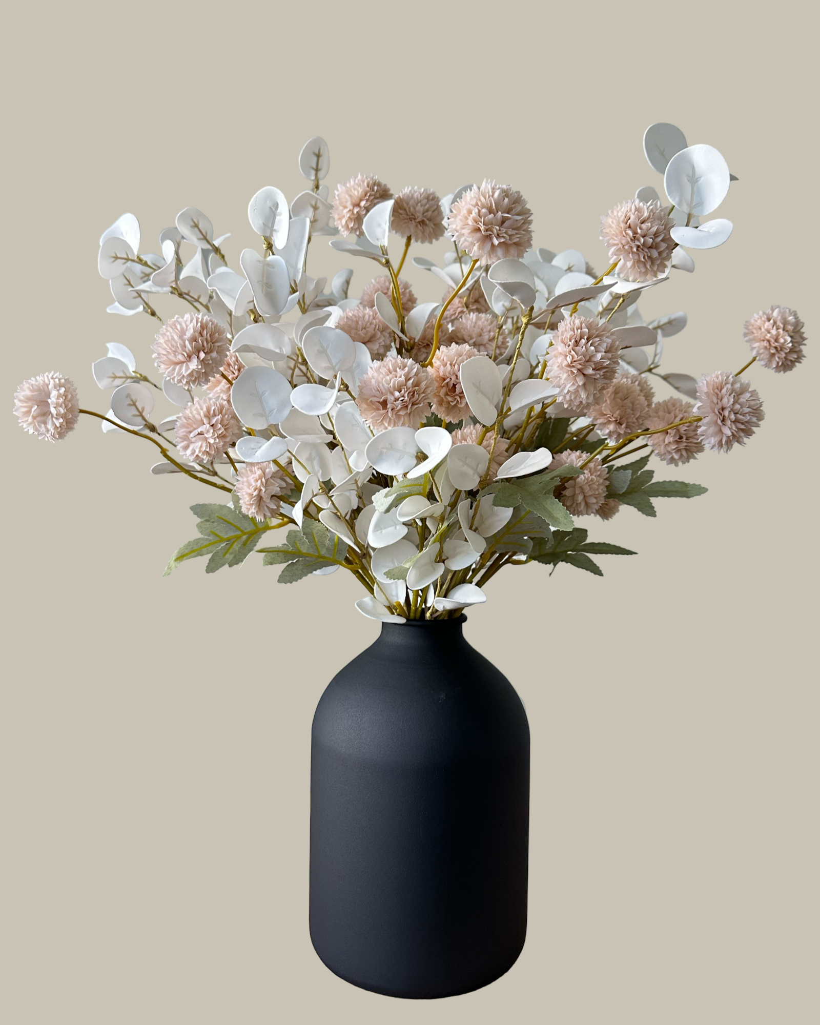 Faux Cream and White Flower Arrangement with Black Vase.