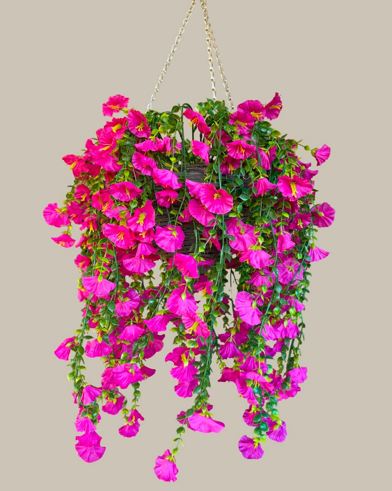 Faux UV-Protected Pink Hanging Flowers with Rattan Basket