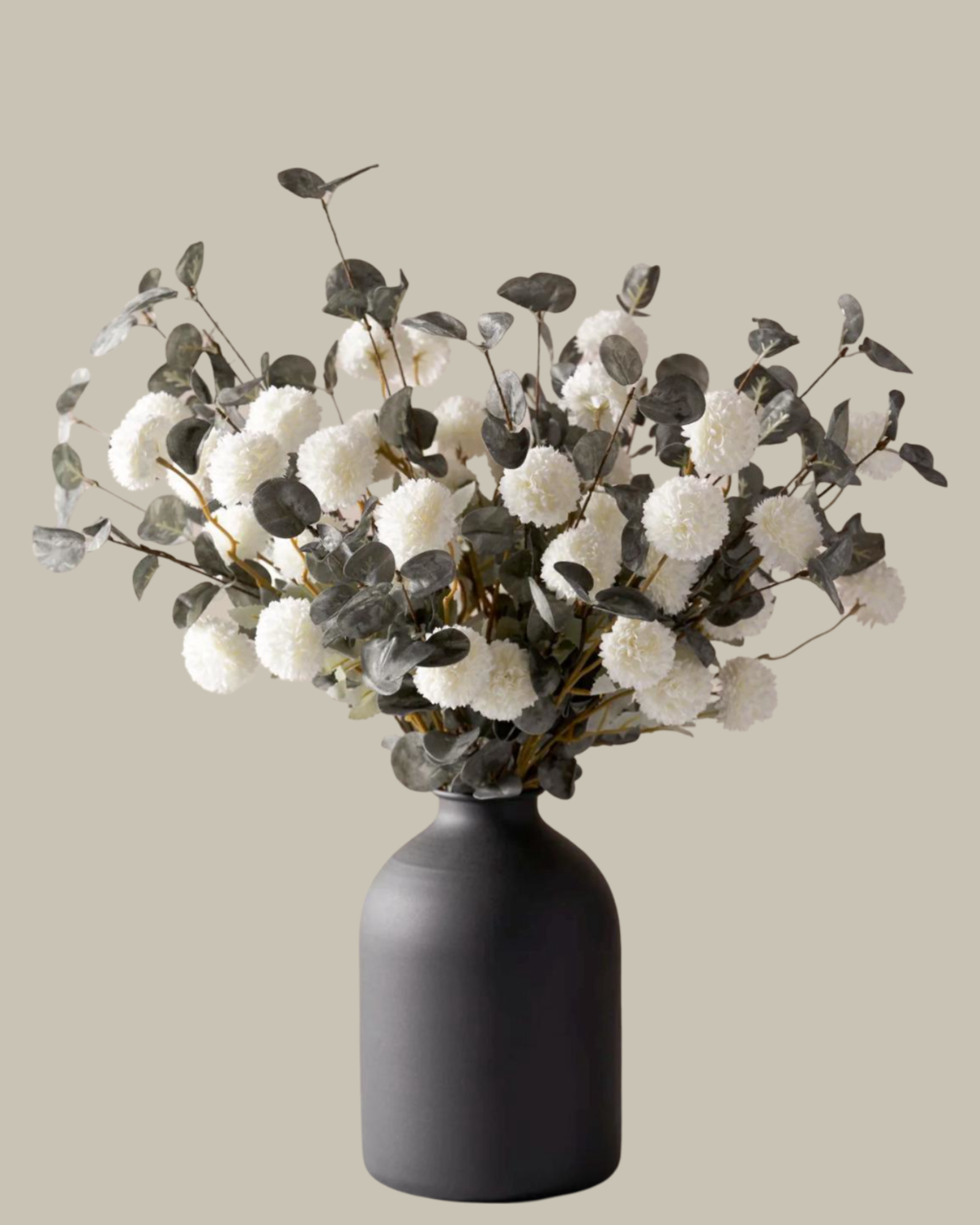 Faux White & Green Flower Arrangement with Black Vase