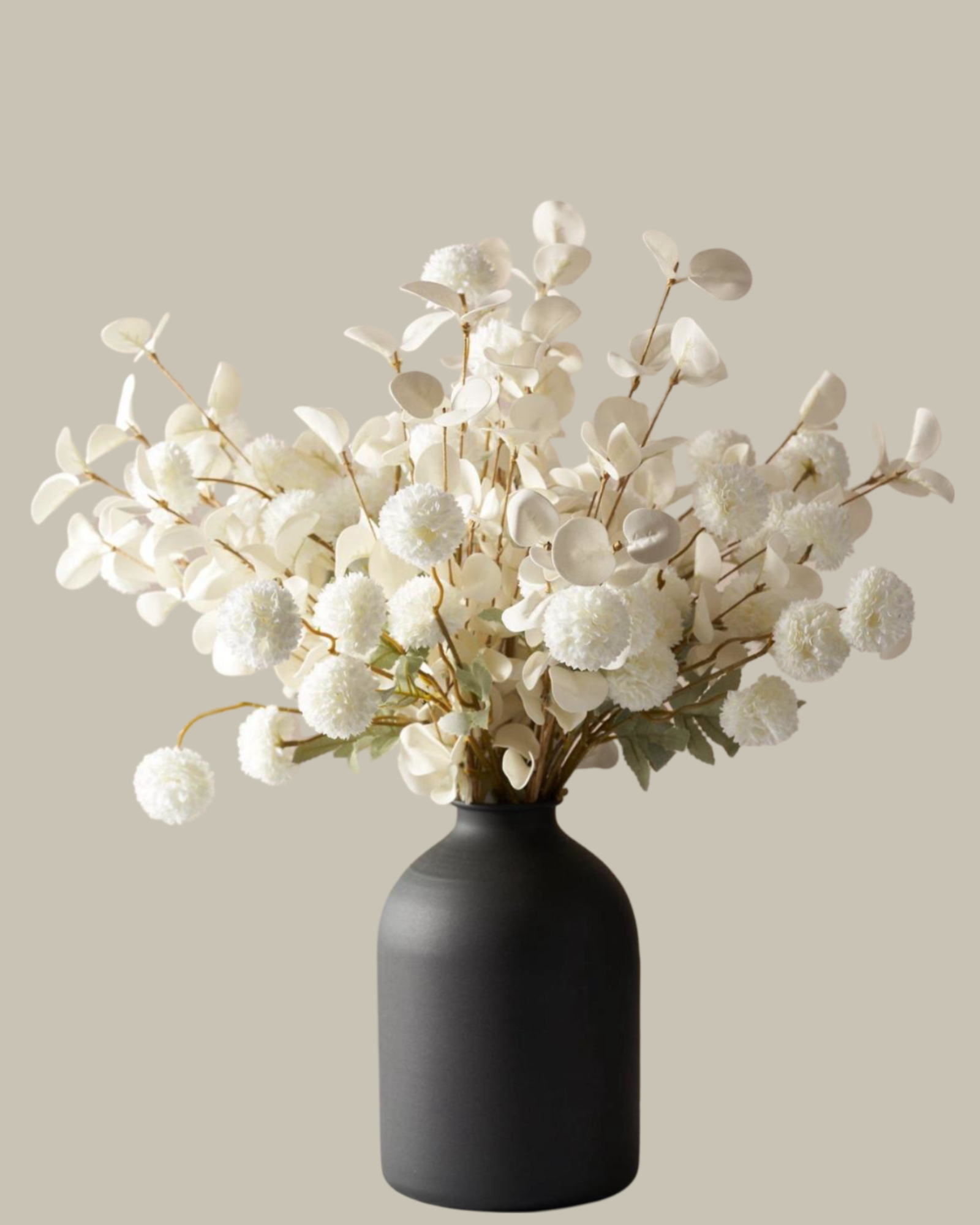 Faux White and White Flower Arrangement with Black Vase