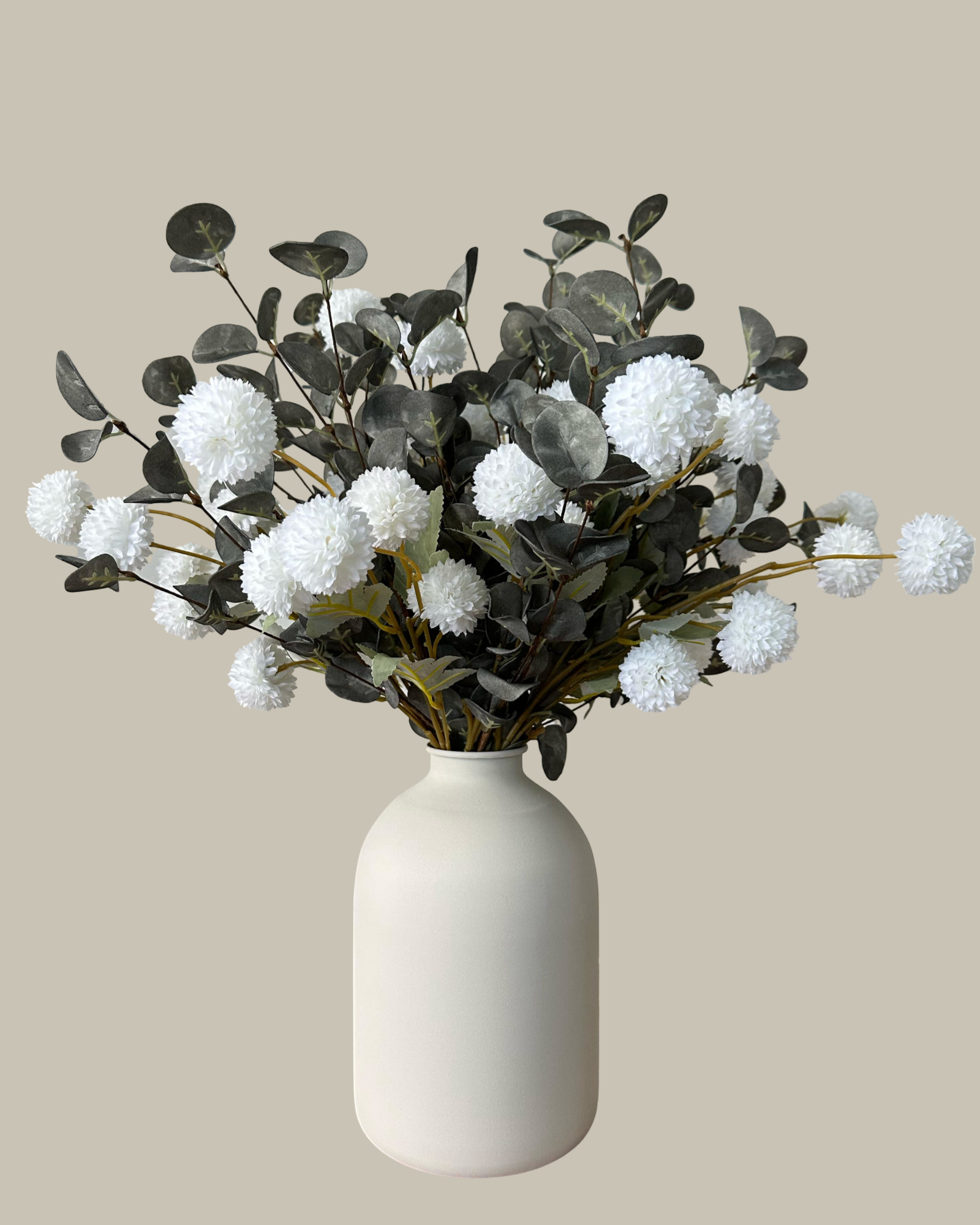 Faux White and Green Flower Arrangement with White Vase