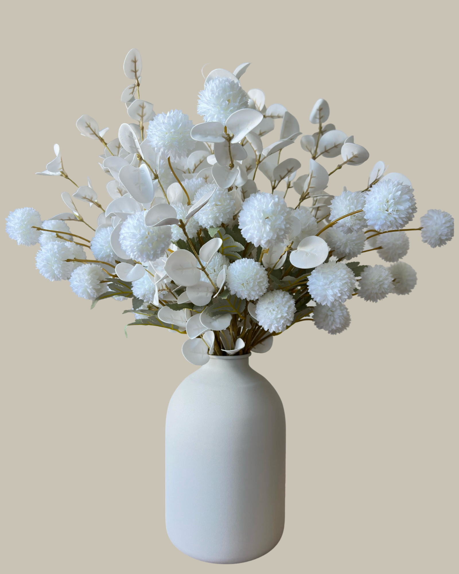 Faux White and White Flower Arrangement with White Vase