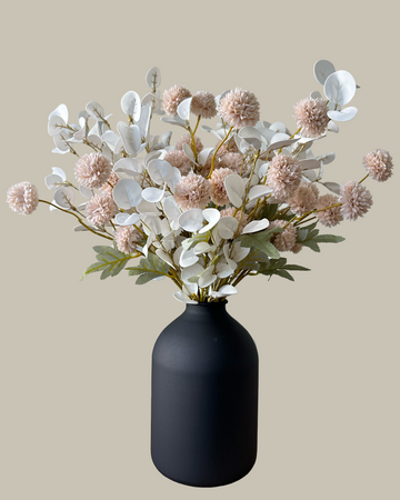 Faux Cream and White Flower Arrangement with Black Vase