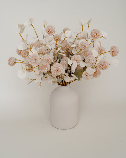 Faux Cream and White Flower Arrangement with White Vase