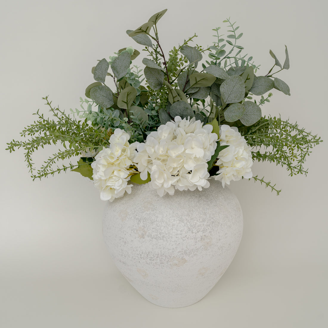 Faux Hydrangea And Eucalyptus Arrangement
