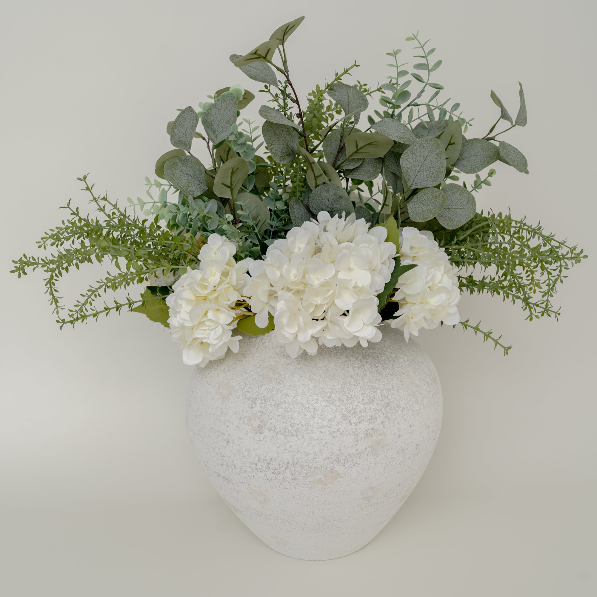 Faux Hydrangea And Eucalyptus Arrangement