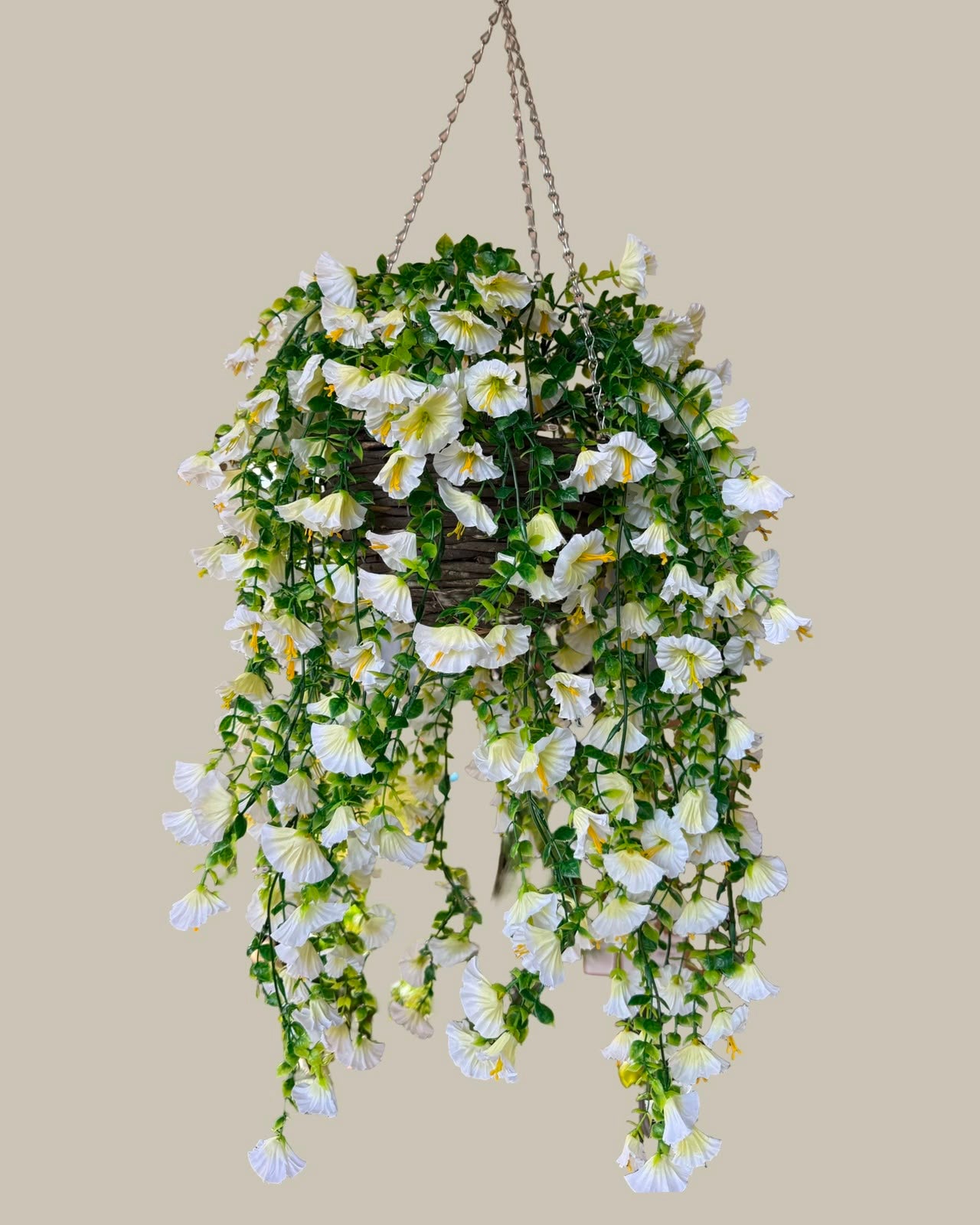 Faux UV-Protected White Hanging Flower Basket with Rattan Pot