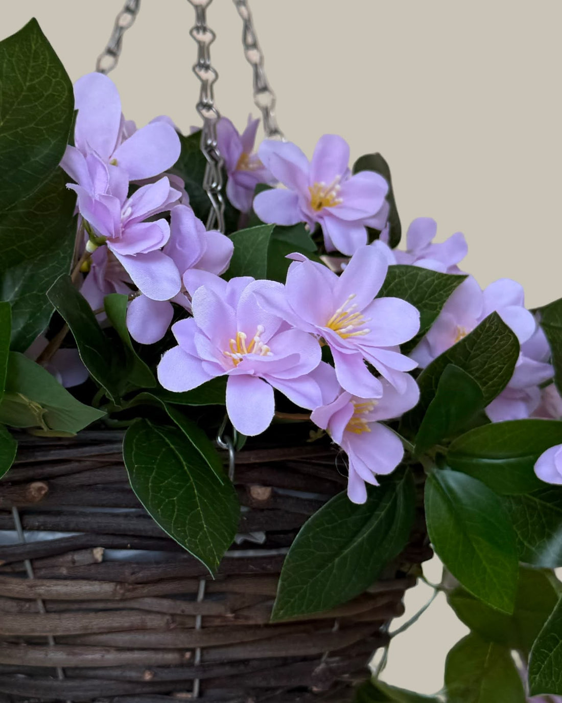 Faux UV-Protected Lilac Blossom Hanging Basket with Rattan Pot