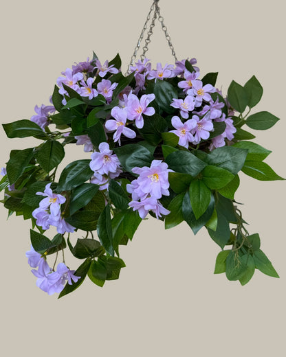 Faux UV-Protected Lilac Blossom Hanging Basket with Rattan Pot
