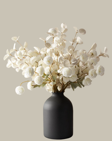 Faux White and White Flower Arrangement with Black Vase