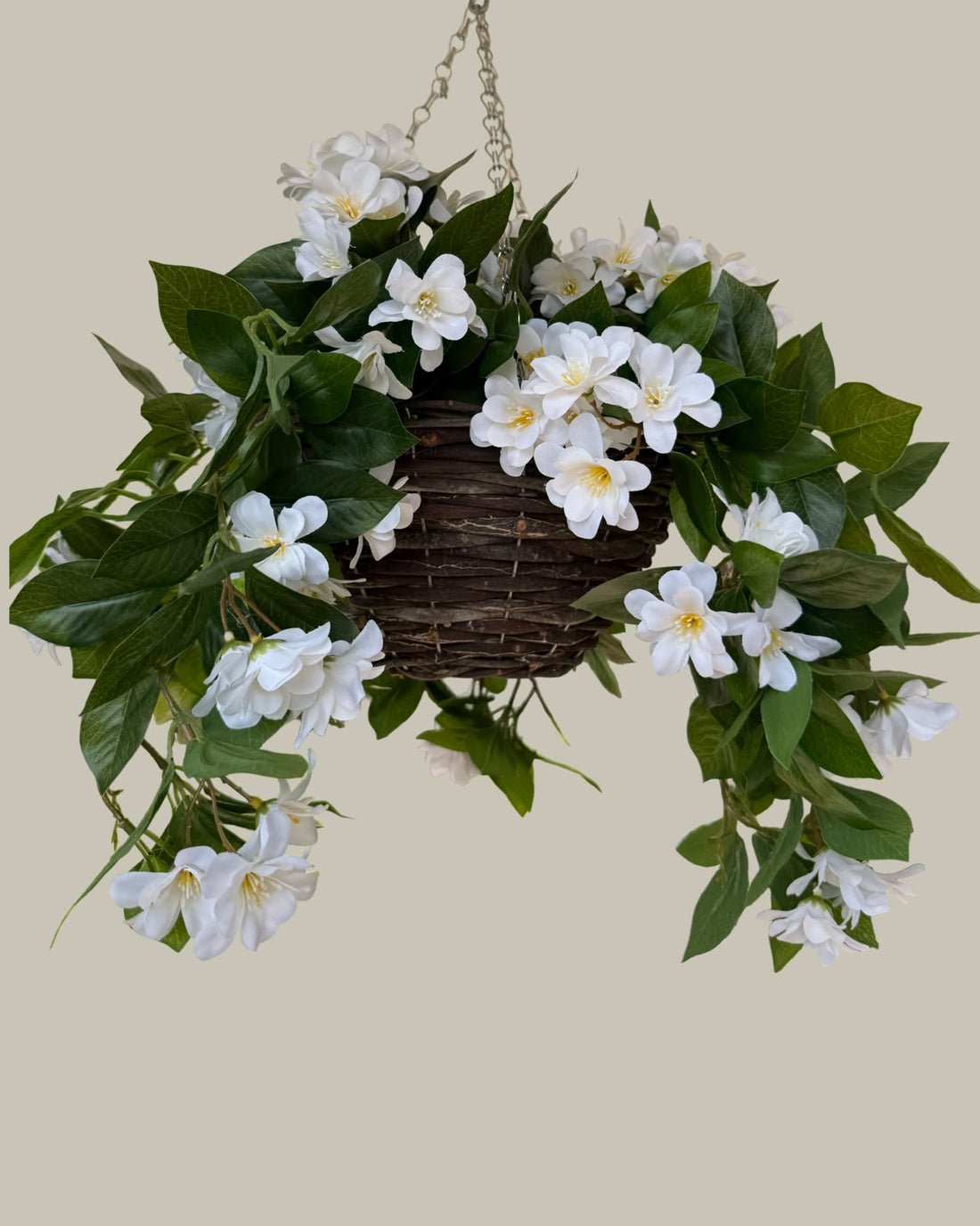 Faux UV-Protected White Blossom Hanging Basket with Rattan Pot