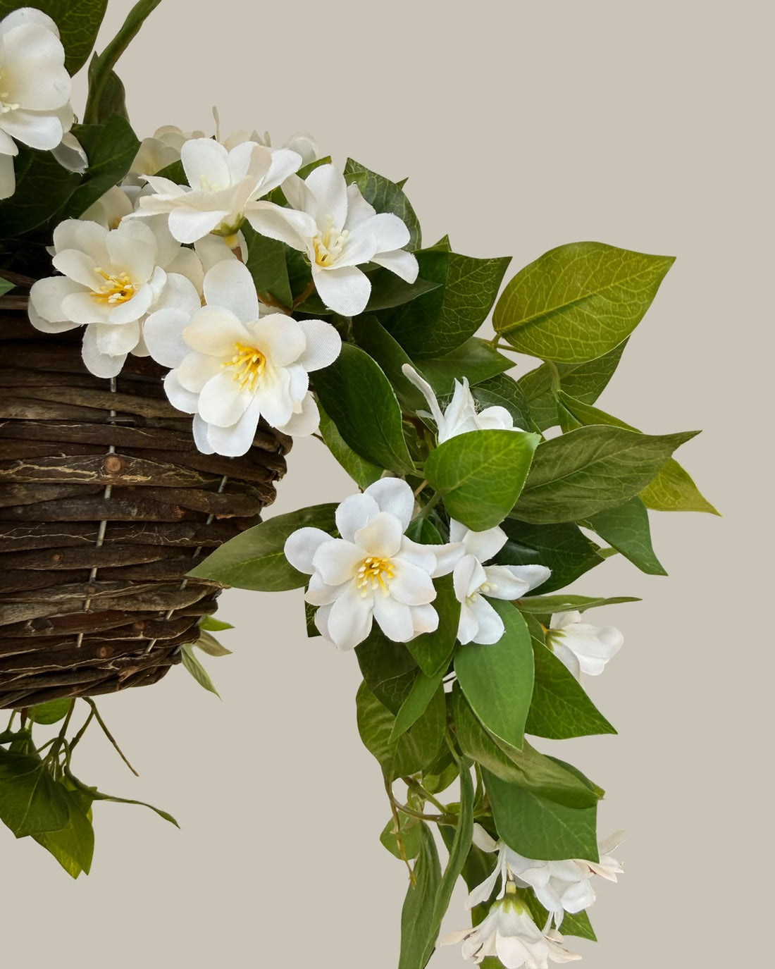 Faux UV-Protected White Blossom Hanging Basket with Rattan Pot
