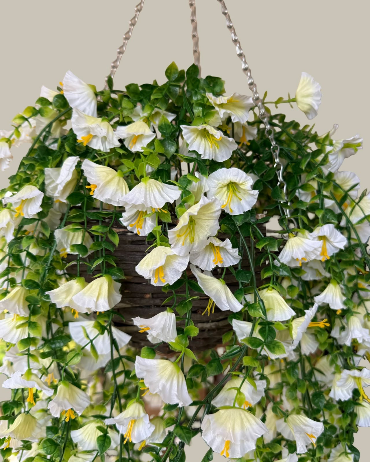 Faux UV-Protected White Hanging Flower Basket with Rattan Pot